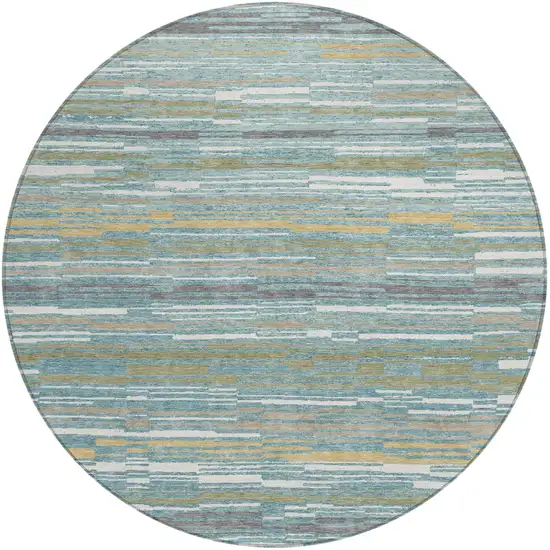 8' Teal Blue And Gold Round Striped Washable Indoor Outdoor Area Rug Photo 1