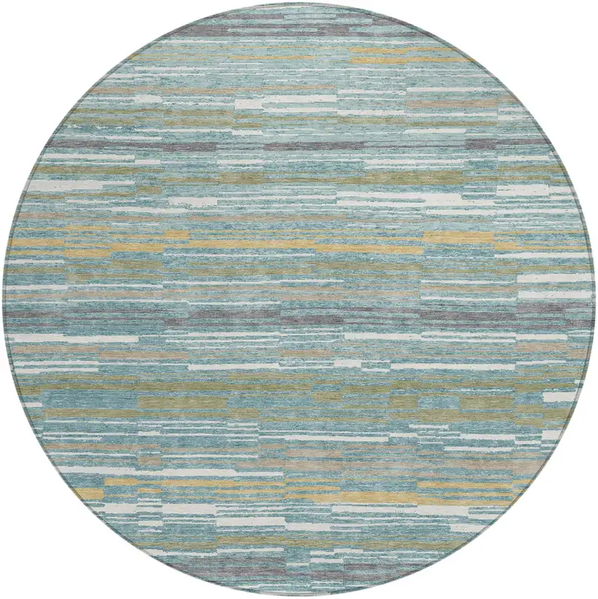 8' Teal Blue And Gold Round Striped Washable Indoor Outdoor Area Rug Photo 1