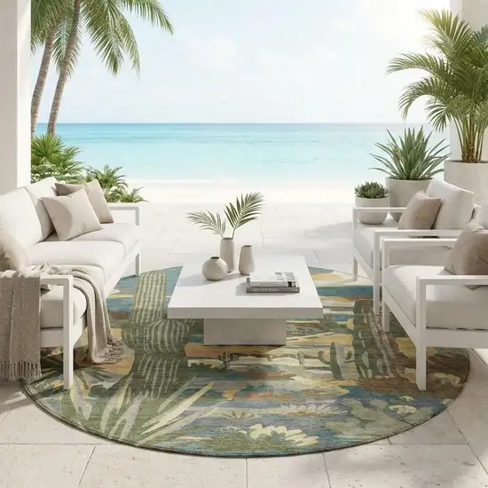 8' Teal Blue And Gold Round Trees Washable Indoor Outdoor Area Rug Photo 1