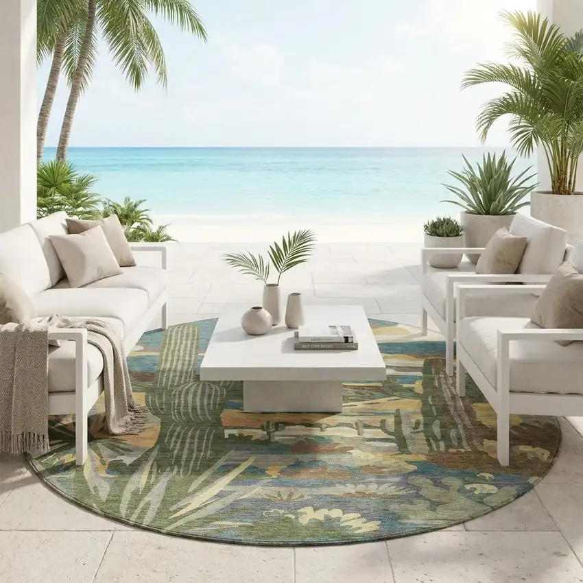 8' Teal Blue And Gold Round Trees Washable Indoor Outdoor Area Rug Photo 1