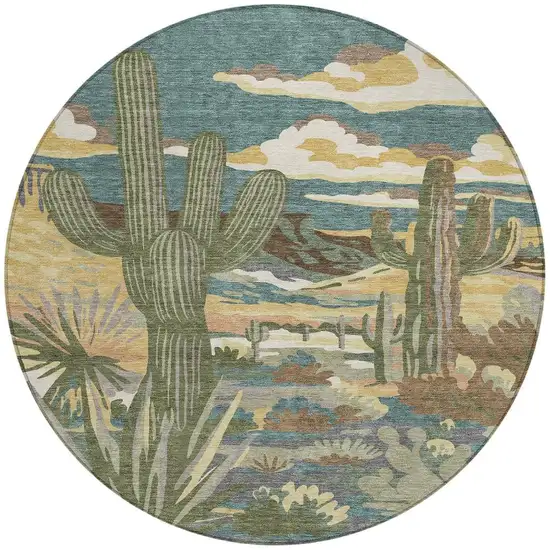 8' Teal Blue And Gold Round Trees Washable Indoor Outdoor Area Rug Photo 4