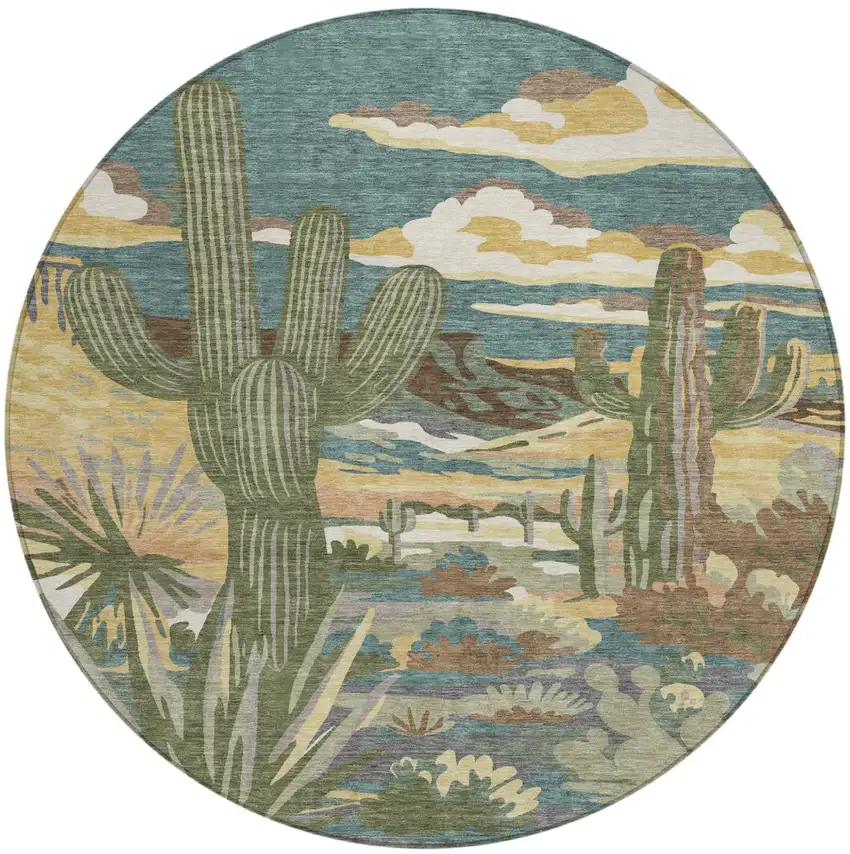 8' Teal Blue And Gold Round Trees Washable Indoor Outdoor Area Rug Photo 2