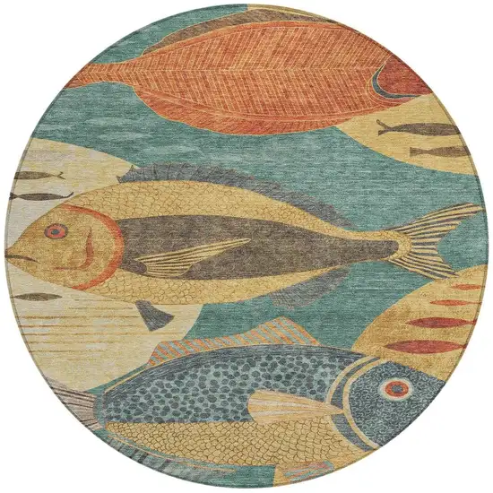 8' Teal Blue And Gold Round Tropical Fish Washable Indoor Outdoor Area Rug Photo 3
