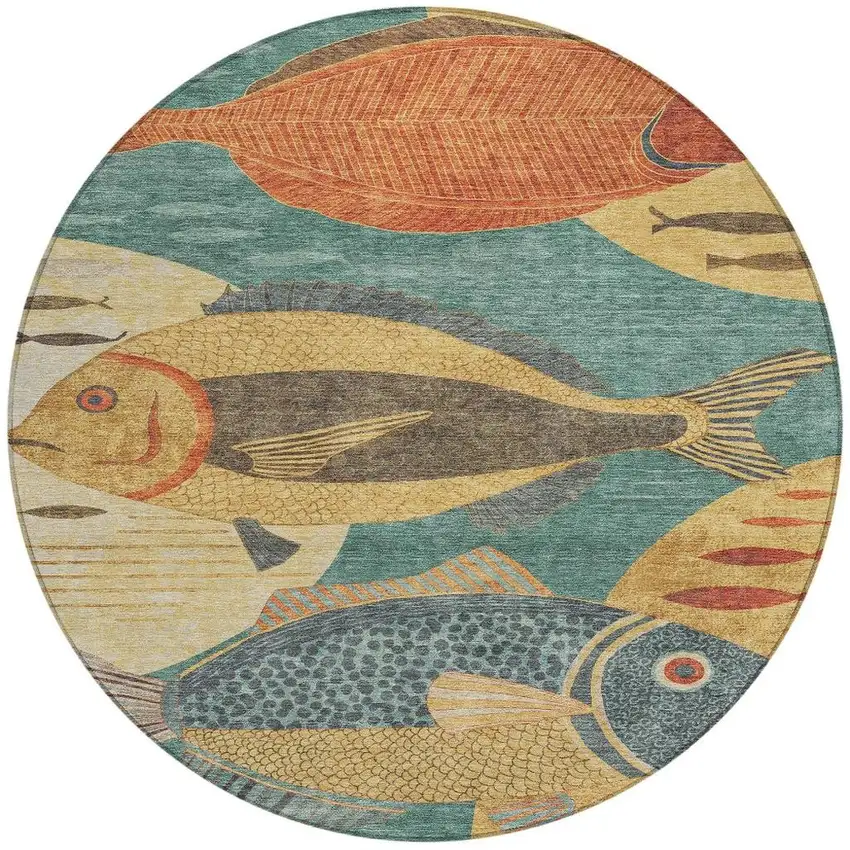 8' Teal Blue And Gold Round Tropical Fish Washable Indoor Outdoor Area Rug Photo 3