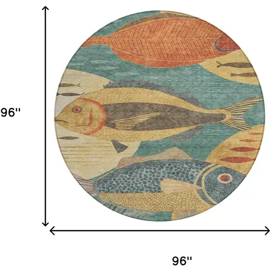 8' Teal Blue And Gold Round Tropical Fish Washable Indoor Outdoor Area Rug Photo 8