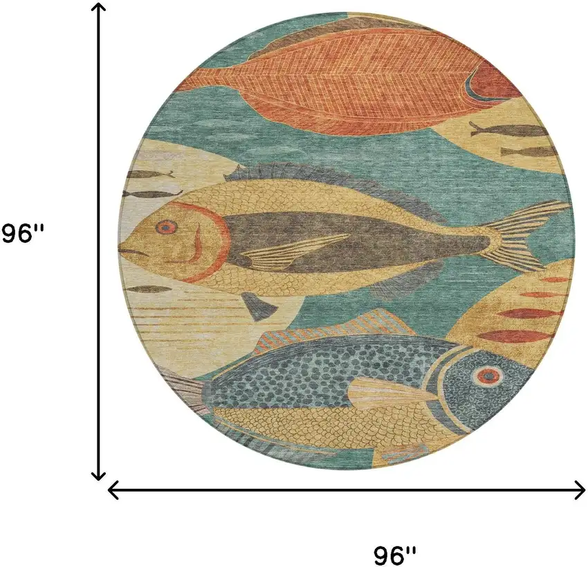 8' Teal Blue And Gold Round Tropical Fish Washable Indoor Outdoor Area Rug Photo 8