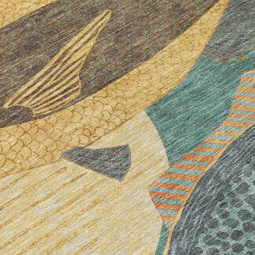 8' Teal Blue And Gold Round Tropical Fish Washable Indoor Outdoor Area Rug Photo 7