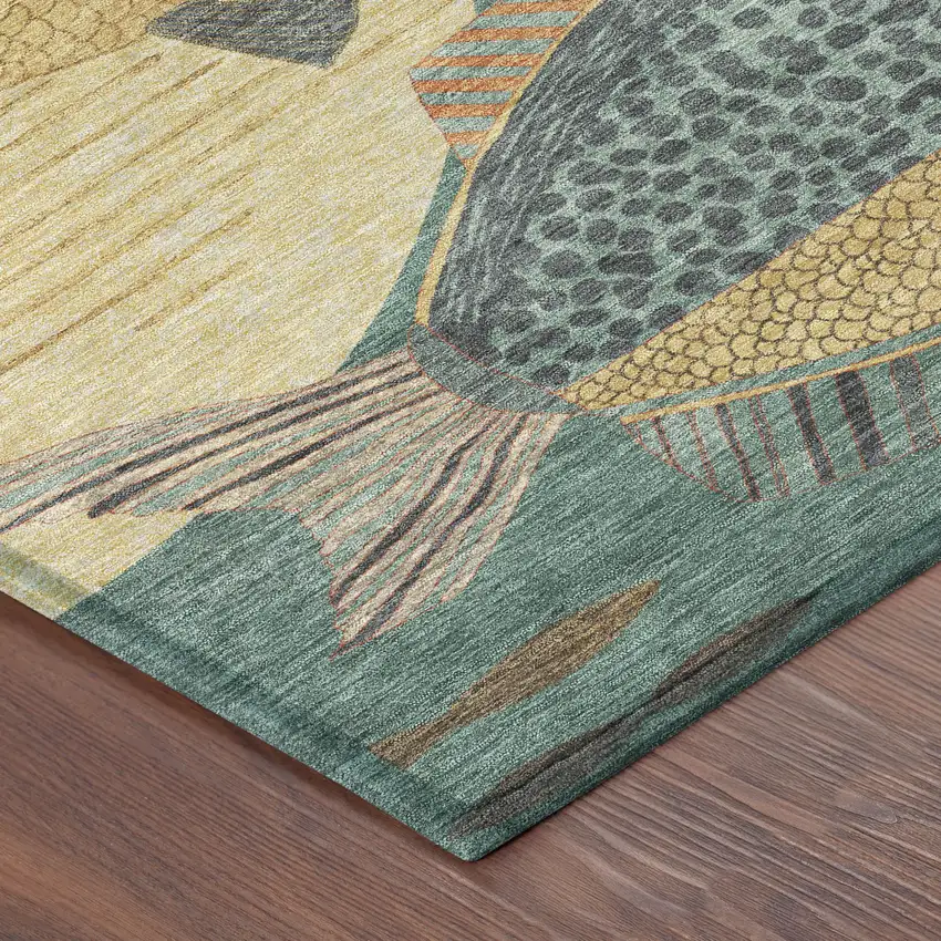 8' Teal Blue And Gold Round Tropical Fish Washable Indoor Outdoor Area Rug Photo 6