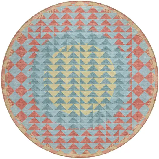 8' Teal Blue And Granite Gray Round Geometric Washable Indoor Outdoor Area Rug Photo 2