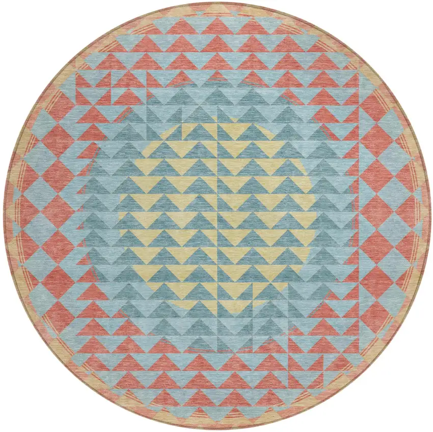 8' Teal Blue And Granite Gray Round Geometric Washable Indoor Outdoor Area Rug Photo 2