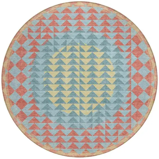 8' Teal Blue And Granite Gray Round Geometric Washable Indoor Outdoor Area Rug Photo 3