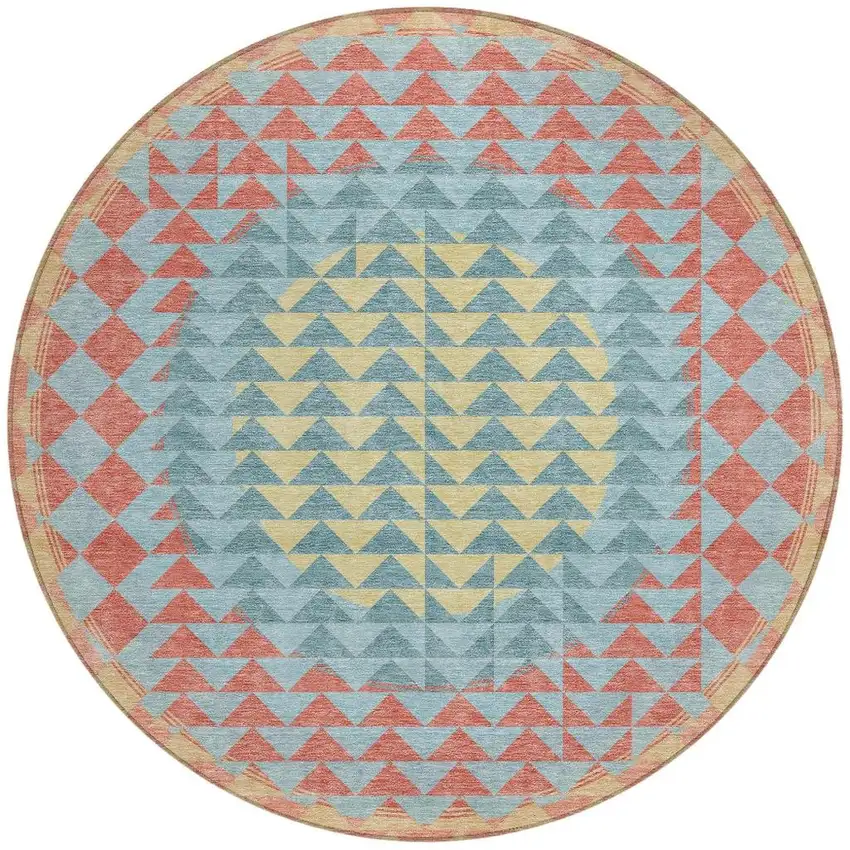 8' Teal Blue And Granite Gray Round Geometric Washable Indoor Outdoor Area Rug Photo 3