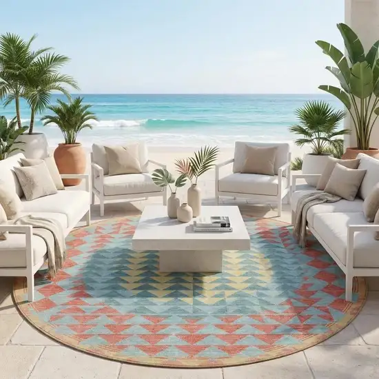 8' Teal Blue And Granite Gray Round Geometric Washable Indoor Outdoor Area Rug Photo 1