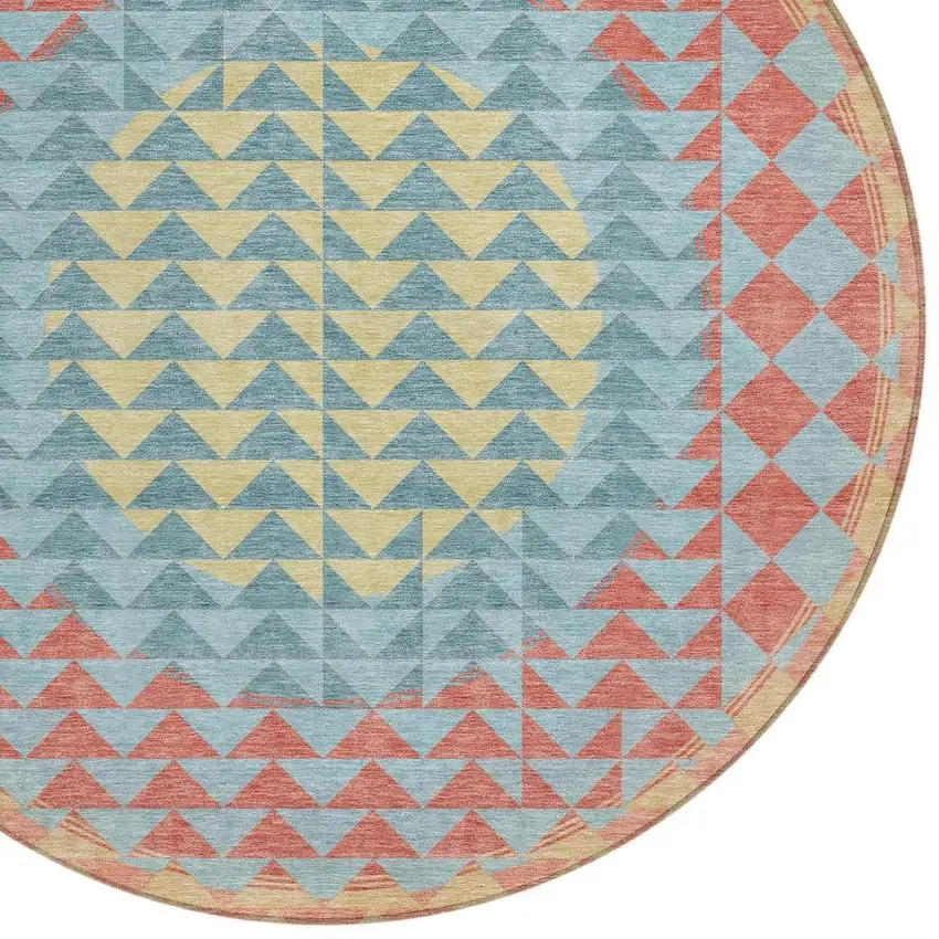 8' Teal Blue And Granite Gray Round Geometric Washable Indoor Outdoor Area Rug Photo 4