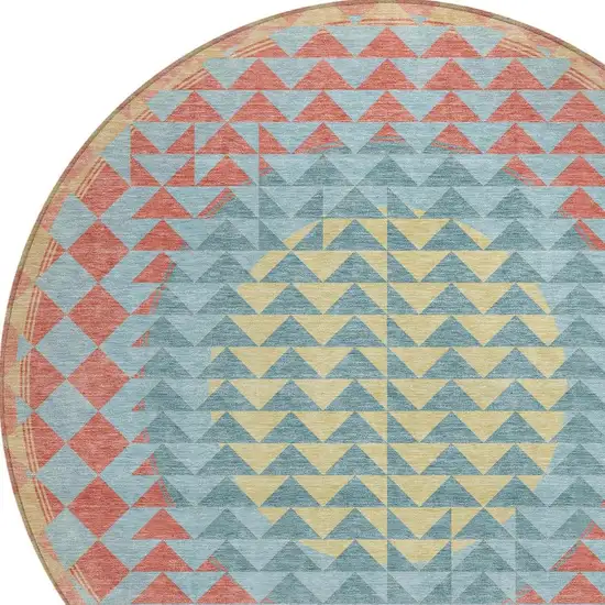 8' Teal Blue And Granite Gray Round Geometric Washable Indoor Outdoor Area Rug Photo 5