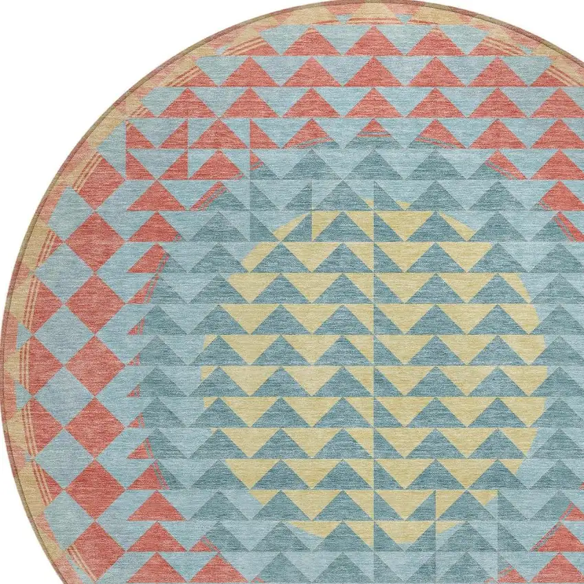 8' Teal Blue And Granite Gray Round Geometric Washable Indoor Outdoor Area Rug Photo 5