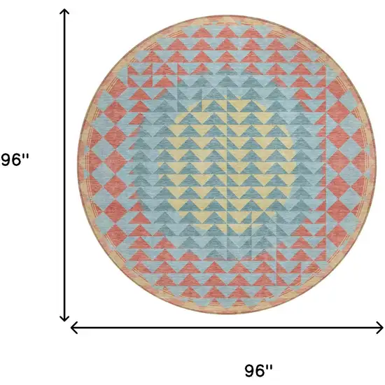 8' Teal Blue And Granite Gray Round Geometric Washable Indoor Outdoor Area Rug Photo 8