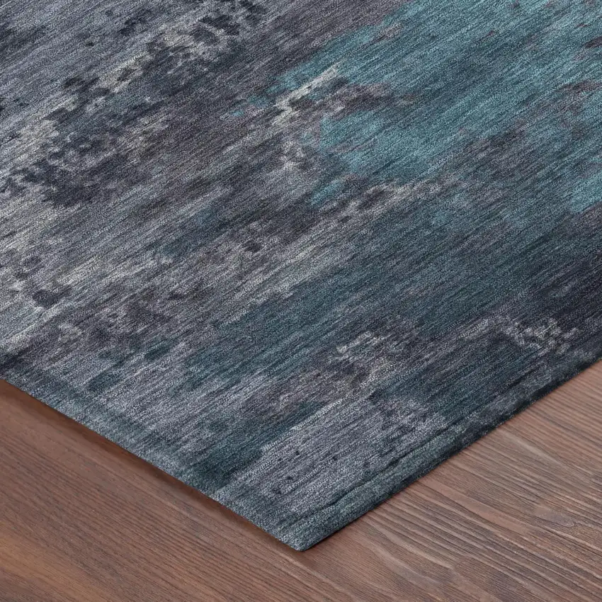 8' Teal Blue And Graphite Round Abstract Washable Indoor Outdoor Area Rug Photo 3