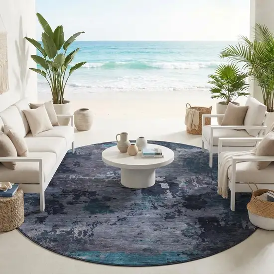 8' Teal Blue And Graphite Round Abstract Washable Indoor Outdoor Area Rug Photo 1