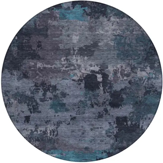 8' Teal Blue And Graphite Round Abstract Washable Indoor Outdoor Area Rug Photo 2