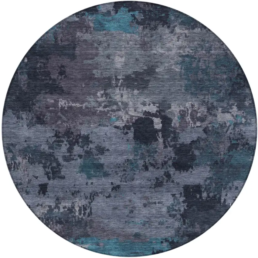 8' Teal Blue And Graphite Round Abstract Washable Indoor Outdoor Area Rug Photo 2