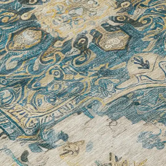8' Teal Blue And Graphite Round Floral Medallion Washable Indoor Outdoor Area Rug Photo 9