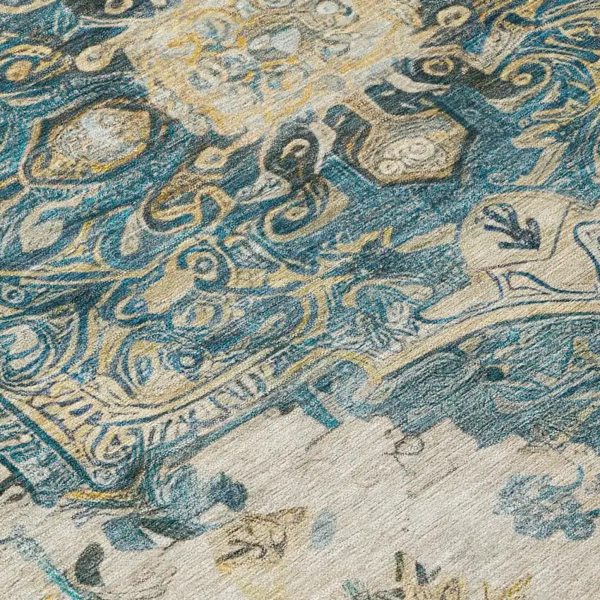 8' Teal Blue And Graphite Round Floral Medallion Washable Indoor Outdoor Area Rug Photo 9