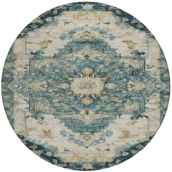 8' Teal Blue And Graphite Round Floral Medallion Washable Indoor Outdoor Area Rug Photo 2