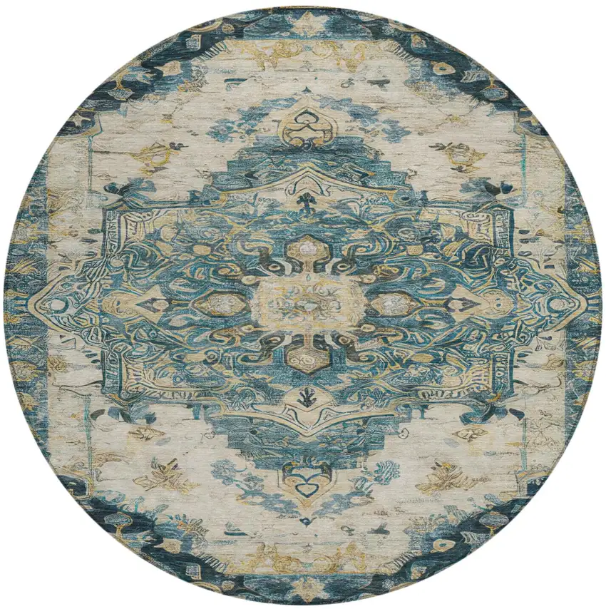 8' Teal Blue And Graphite Round Floral Medallion Washable Indoor Outdoor Area Rug Photo 2