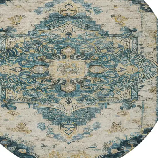 8' Teal Blue And Graphite Round Floral Medallion Washable Indoor Outdoor Area Rug Photo 5