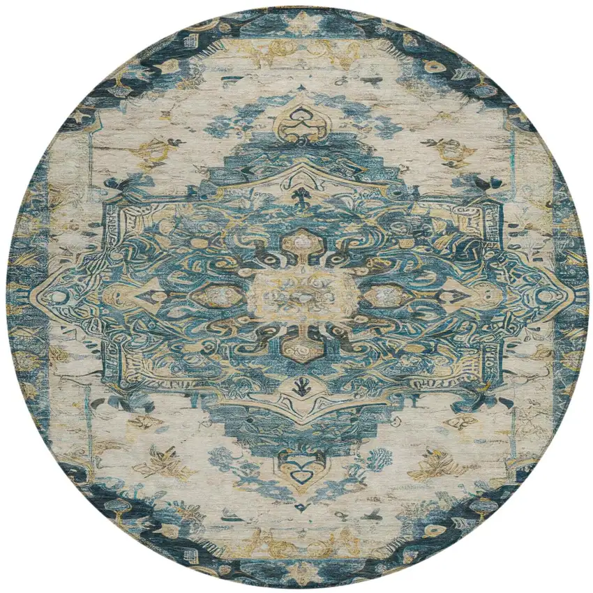 8' Teal Blue And Graphite Round Floral Medallion Washable Indoor Outdoor Area Rug Photo 3