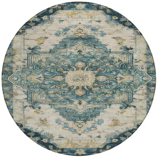 8' Teal Blue And Graphite Round Floral Medallion Washable Indoor Outdoor Area Rug Photo 3