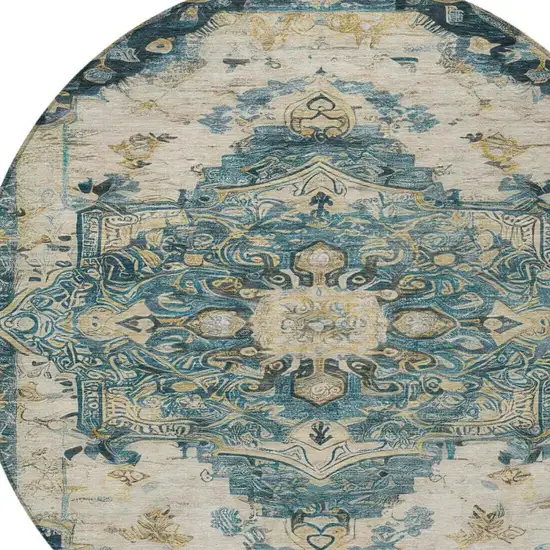 8' Teal Blue And Graphite Round Floral Medallion Washable Indoor Outdoor Area Rug Photo 4
