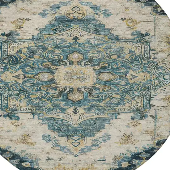 8' Teal Blue And Graphite Round Floral Medallion Washable Indoor Outdoor Area Rug Photo 6