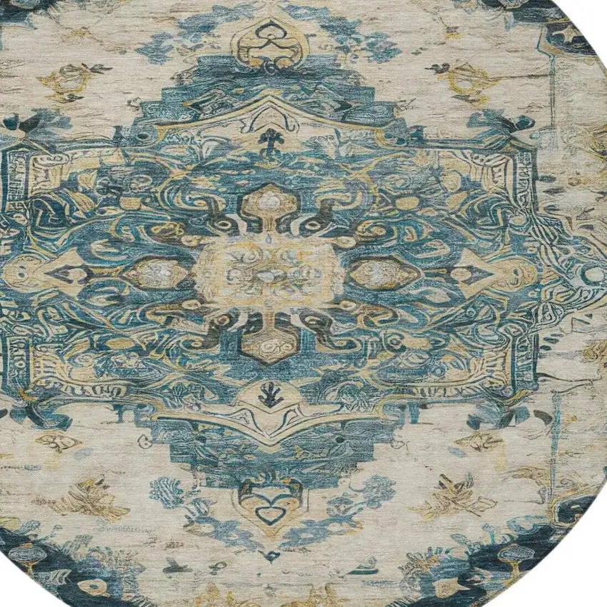 8' Teal Blue And Graphite Round Floral Medallion Washable Indoor Outdoor Area Rug Photo 6