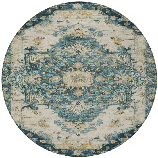 8' Teal Blue And Graphite Round Floral Medallion Washable Indoor Outdoor Area Rug Photo 1