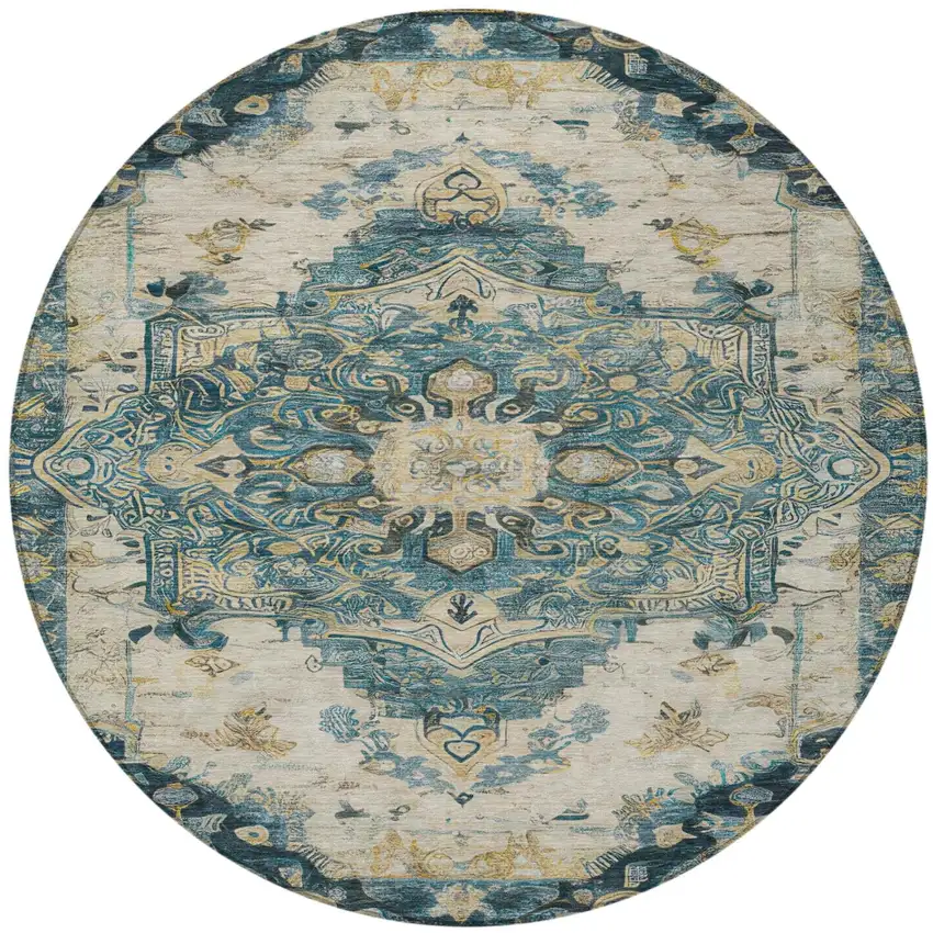 8' Teal Blue And Graphite Round Floral Medallion Washable Indoor Outdoor Area Rug Photo 1