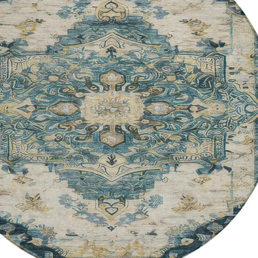 8' Teal Blue And Graphite Round Floral Medallion Washable Indoor Outdoor Area Rug Photo 7