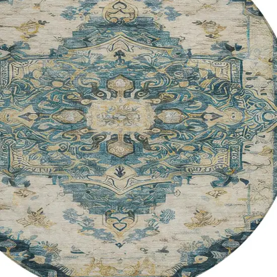 8' Teal Blue And Graphite Round Floral Medallion Washable Indoor Outdoor Area Rug Photo 7