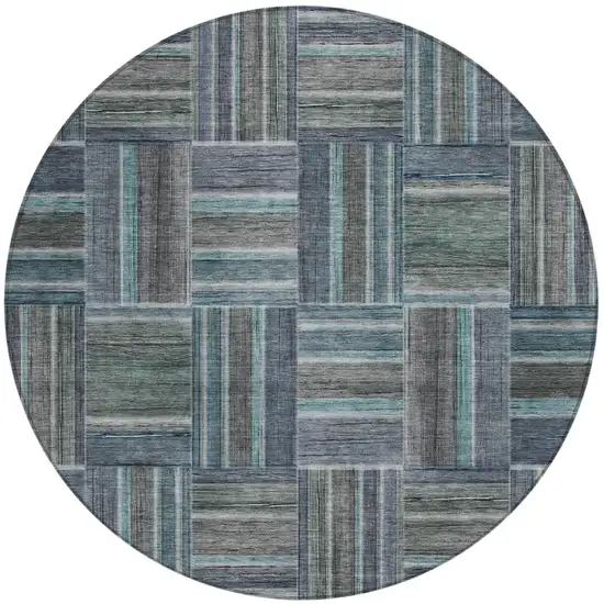 8' Teal Blue And Graphite Round Geometric Washable Indoor Outdoor Area Rug Photo 2