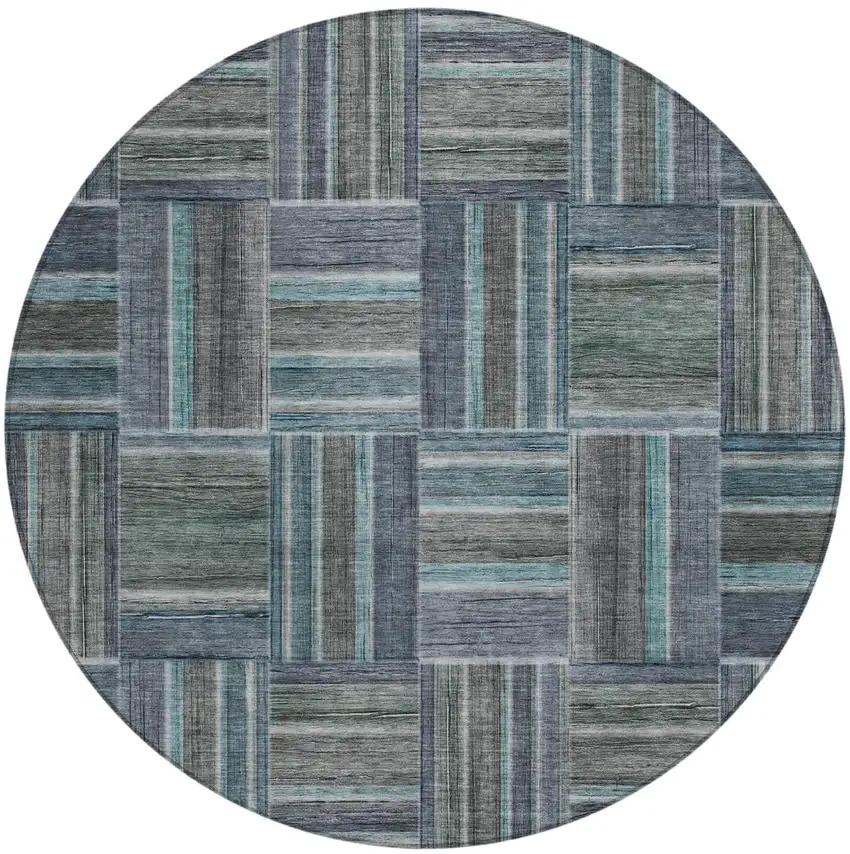 8' Teal Blue And Graphite Round Geometric Washable Indoor Outdoor Area Rug Photo 2