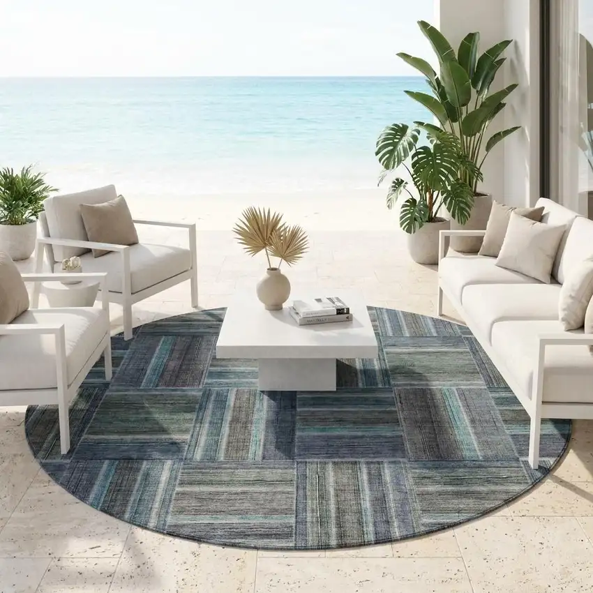 8' Teal Blue And Graphite Round Geometric Washable Indoor Outdoor Area Rug Photo 1