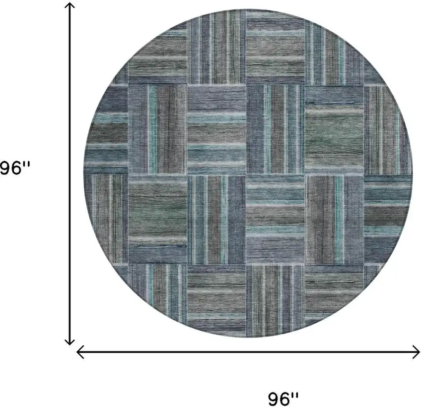 8' Teal Blue And Graphite Round Geometric Washable Indoor Outdoor Area Rug Photo 5