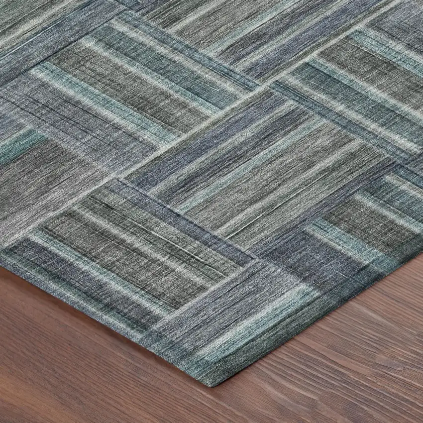 8' Teal Blue And Graphite Round Geometric Washable Indoor Outdoor Area Rug Photo 3