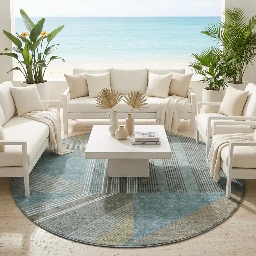 8' Teal Blue And Graphite Round Geometric Washable Indoor Outdoor Area Rug Photo 1