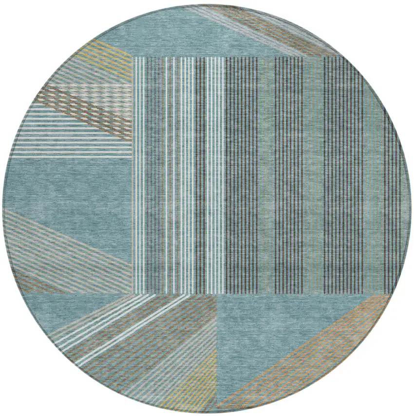 8' Teal Blue And Graphite Round Geometric Washable Indoor Outdoor Area Rug Photo 2