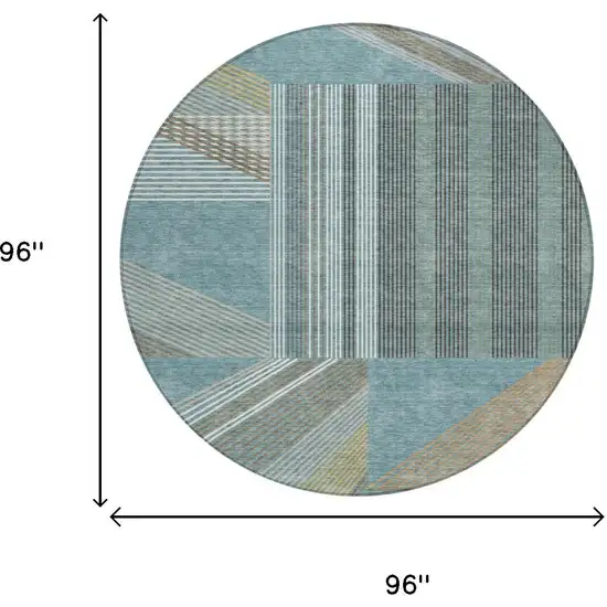 8' Teal Blue And Graphite Round Geometric Washable Indoor Outdoor Area Rug Photo 5