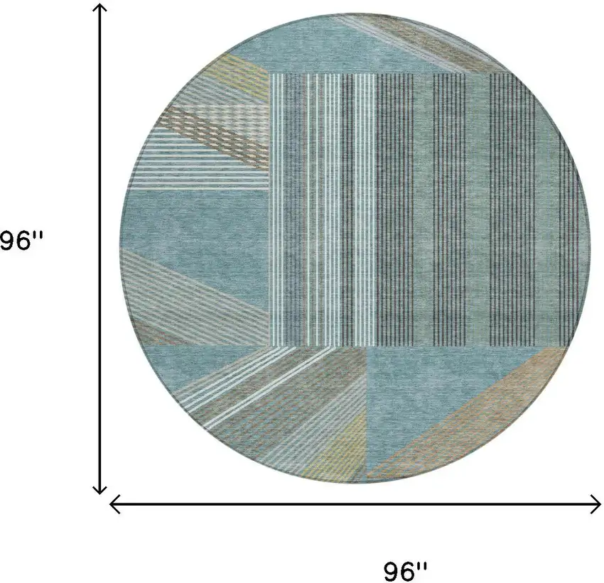 8' Teal Blue And Graphite Round Geometric Washable Indoor Outdoor Area Rug Photo 5