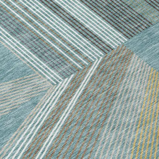 8' Teal Blue And Graphite Round Geometric Washable Indoor Outdoor Area Rug Photo 4