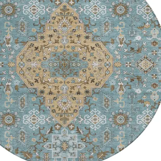 8' Teal Blue And Graphite Round Medallion Washable Indoor Outdoor Area Rug Photo 3